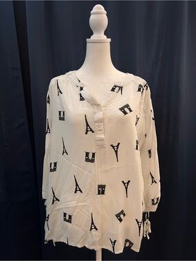 Como Black Woman White Paris Print Blouse 2X Eiffel Tower Long Sleeve